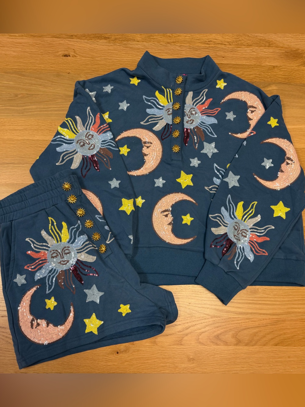 QUEEN OF SPARKLES Navy Moon & Sun Embroidered Shorts Set - Multicolor Stars